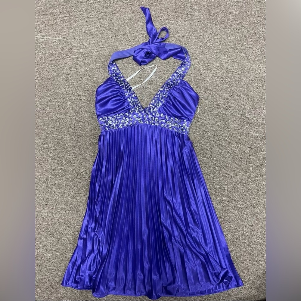 MORGAN & CO. PURPLE HALTER COCKTAIL PLEATED MINI DRESS SILVER SEQUINS SIZE XS